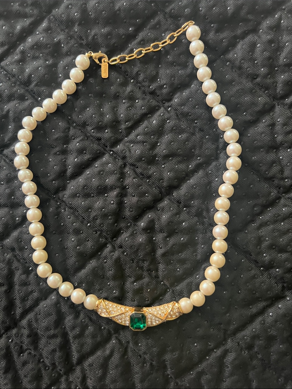 Vintage Signed VENDOME Faux Pearl & Emerald Rhinestone Choker Necklace